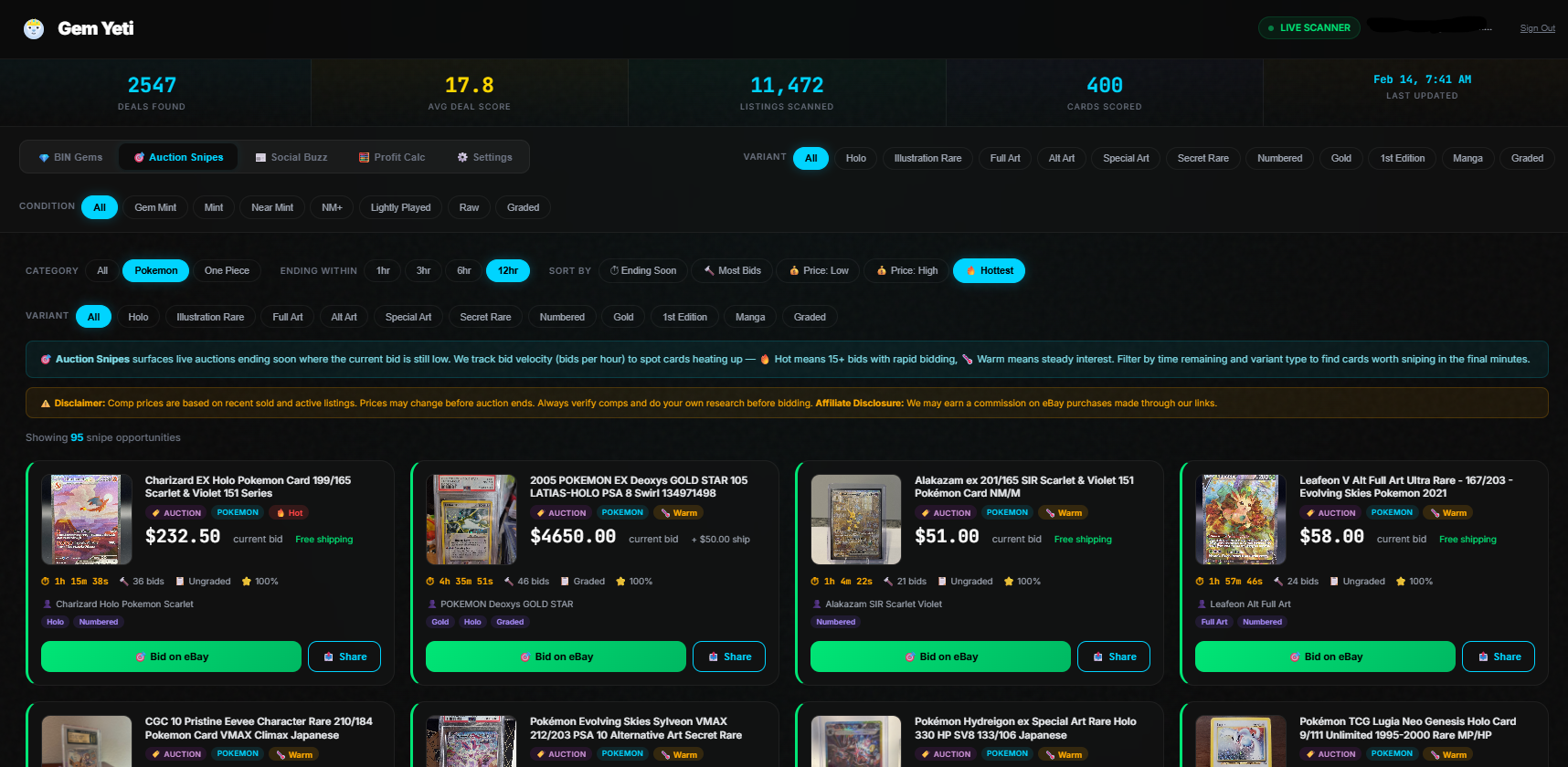 Gem Yeti Auction Snipes dashboard