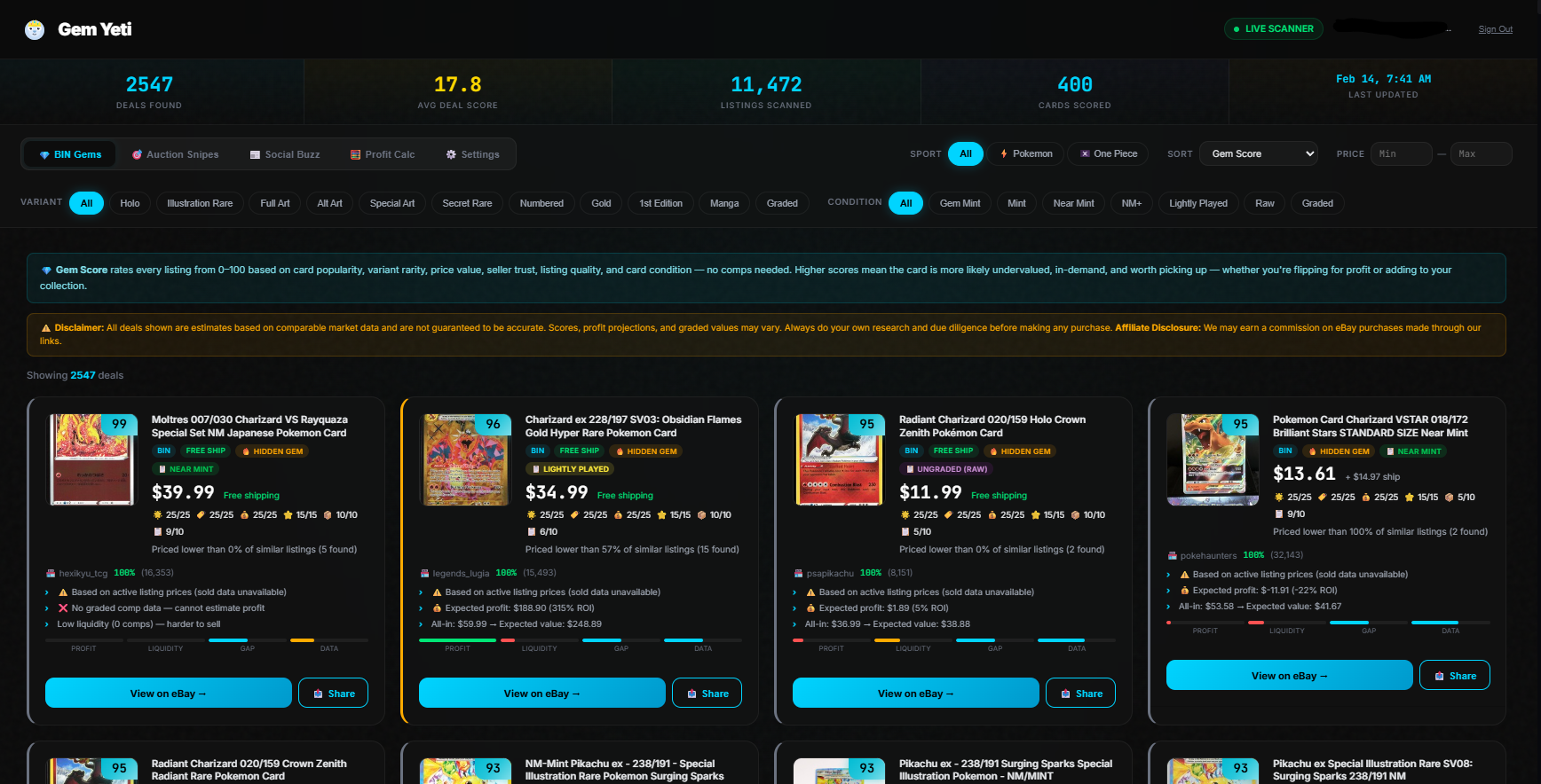 Gem Yeti Dashboard — BIN Gems